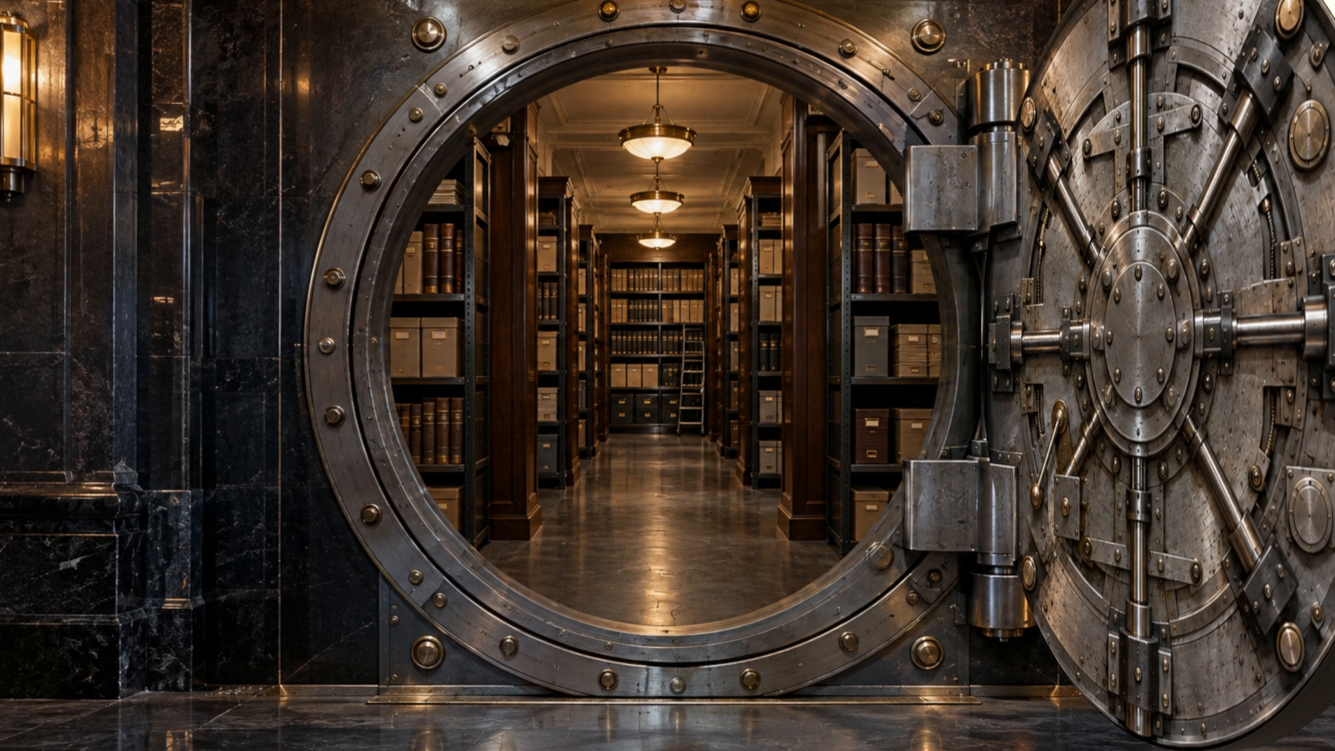 An open steel vault door revealing warmly lit archive cabinets inside the Company Vault concept.